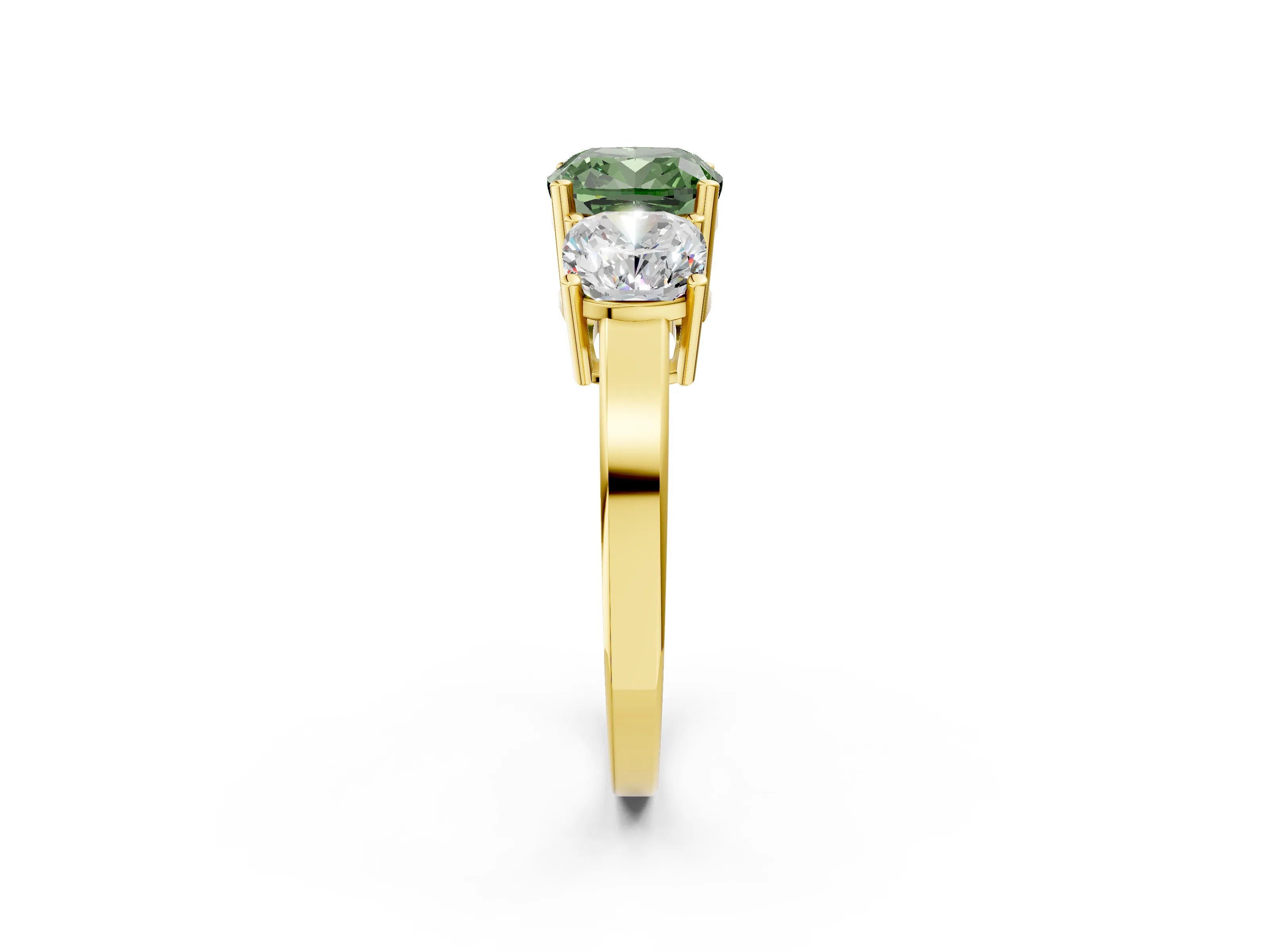 Yellow gold Three-Stone Fancy Green Cushion Cut Cut Diamond Engagement Ring with Flat Band and Four-Prong Setting_14