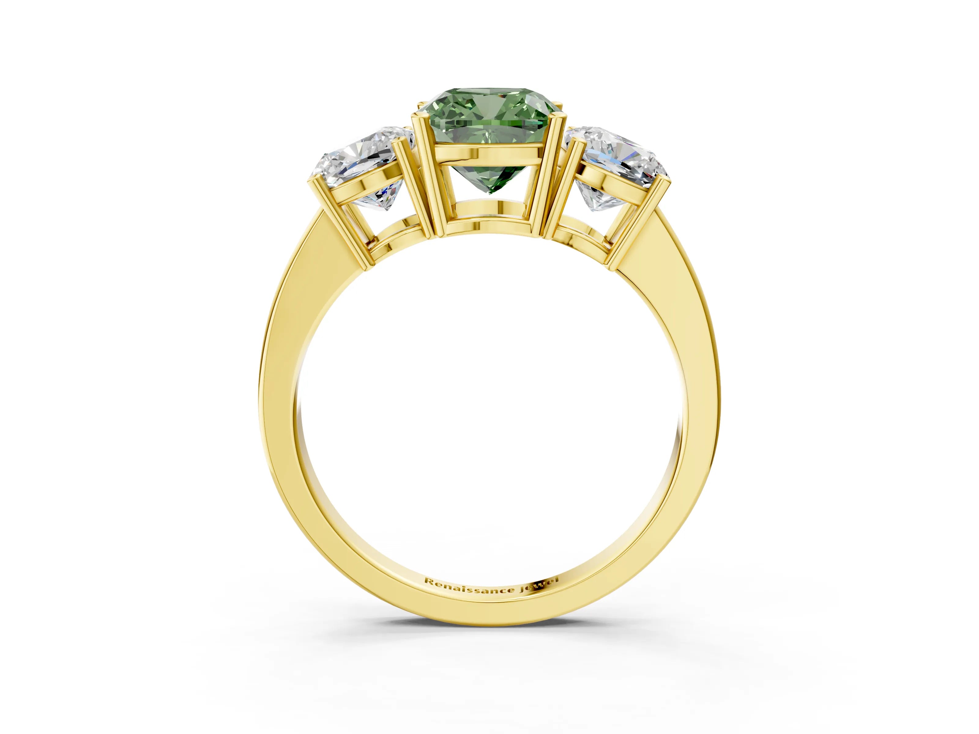 Yellow gold Three-Stone Fancy Green Cushion Cut Cut Diamond Engagement Ring with Flat Band and Four-Prong Setting_15