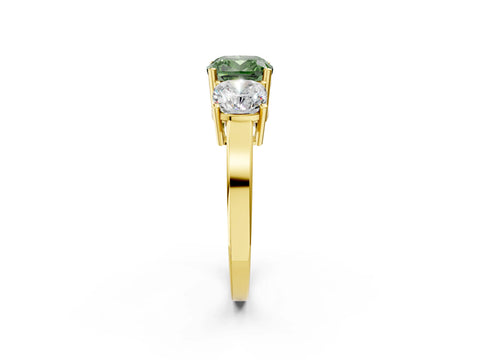 Yellow gold Three-Stone Fancy Green Cushion Cut Cut Diamond Engagement Ring with Flat Band and Four-Prong Setting_2