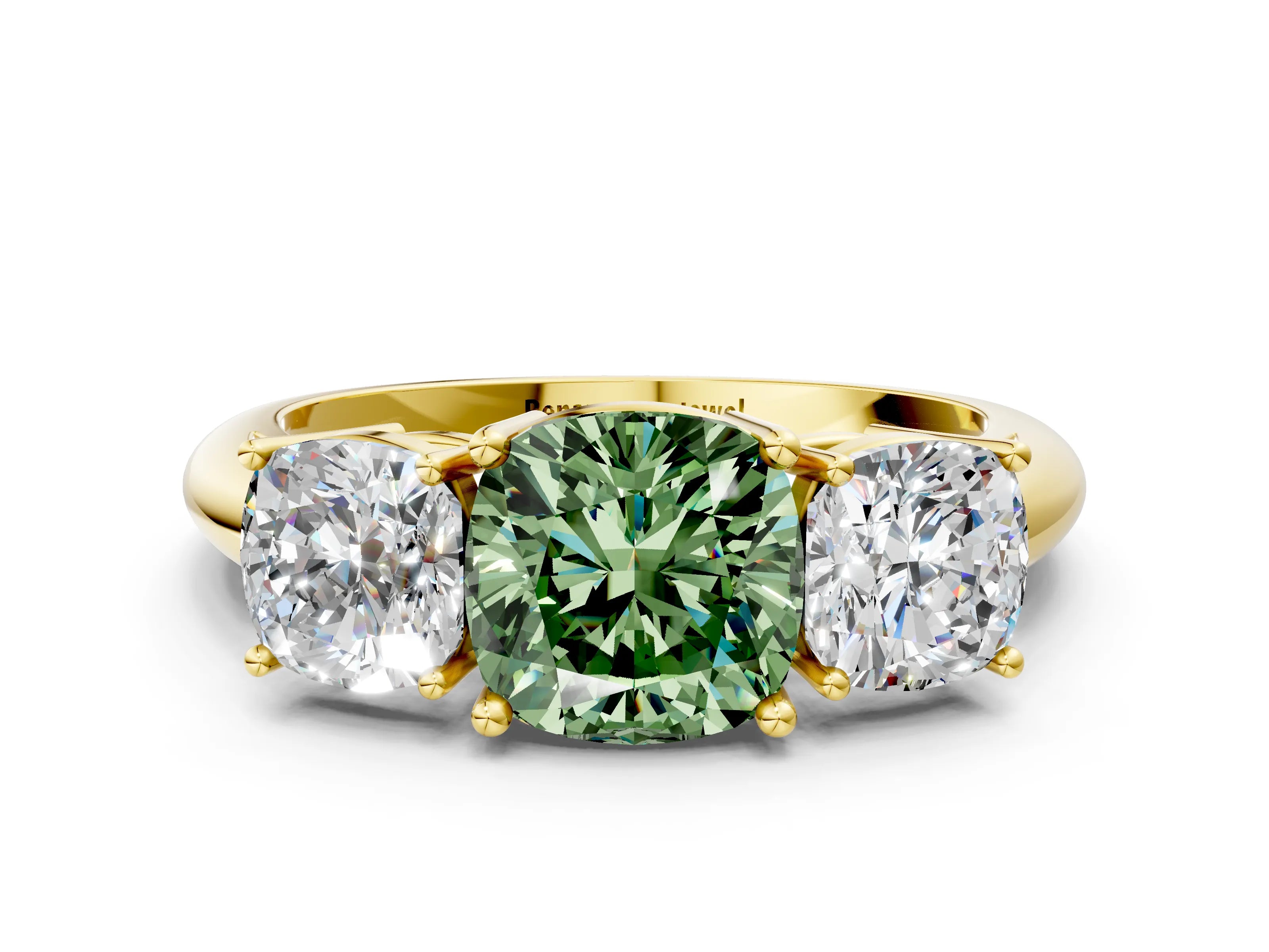 Yellow gold Three-Stone Fancy Green Cushion Cut Cut Diamond Engagement Ring with Prong Setting on a White Gold Band
