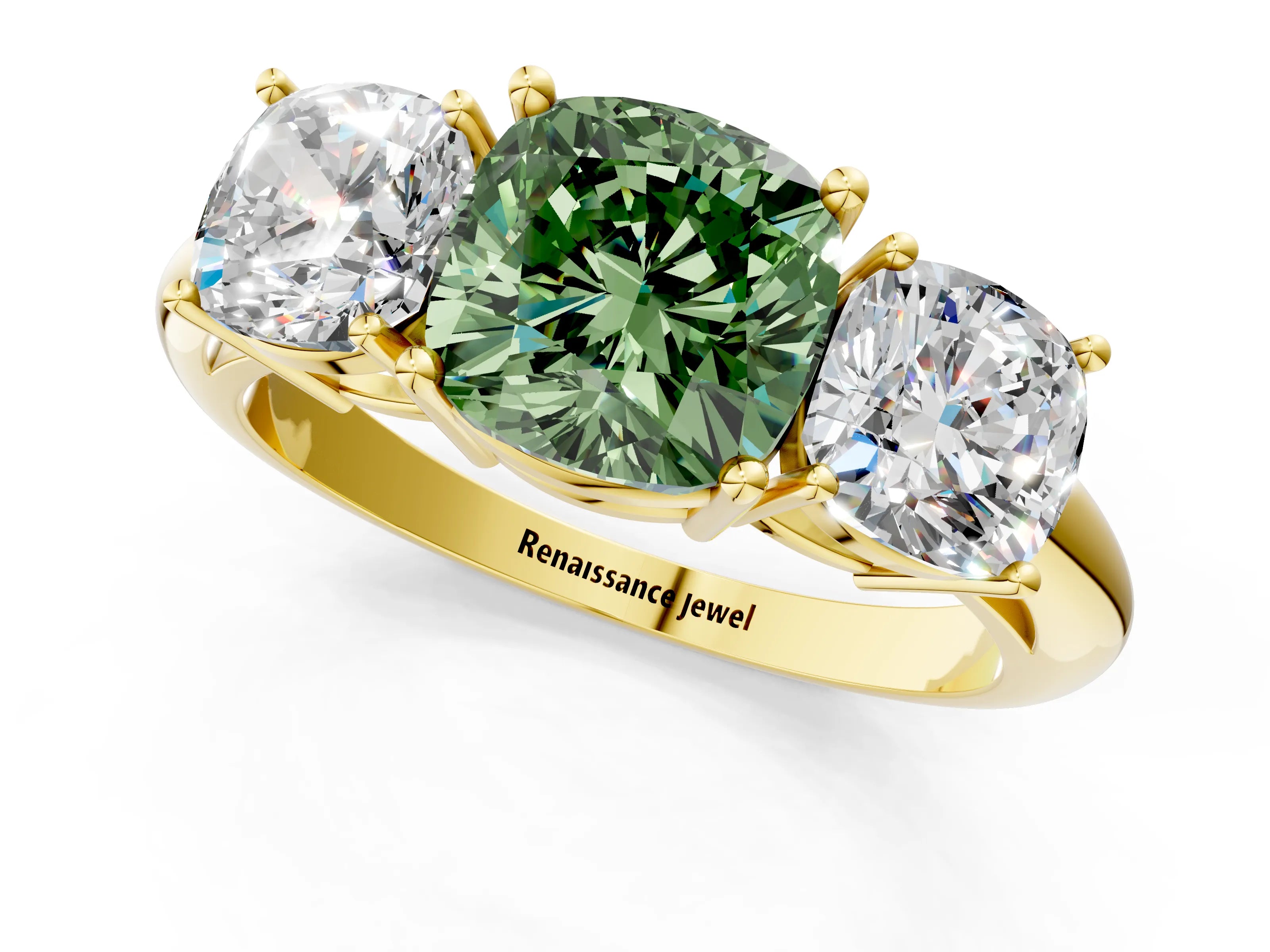 Yellow gold Three-Stone Fancy Green Cushion Cut Cut Diamond Engagement Ring with Prong Setting on a White Gold Band_1