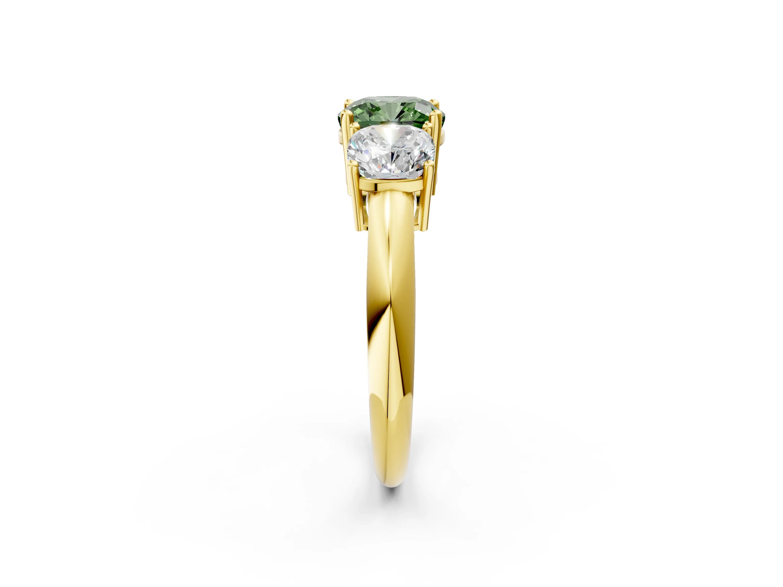 Yellow gold Three-Stone Fancy Green Cushion Cut Cut Diamond Engagement Ring with Prong Setting on a White Gold Band_2