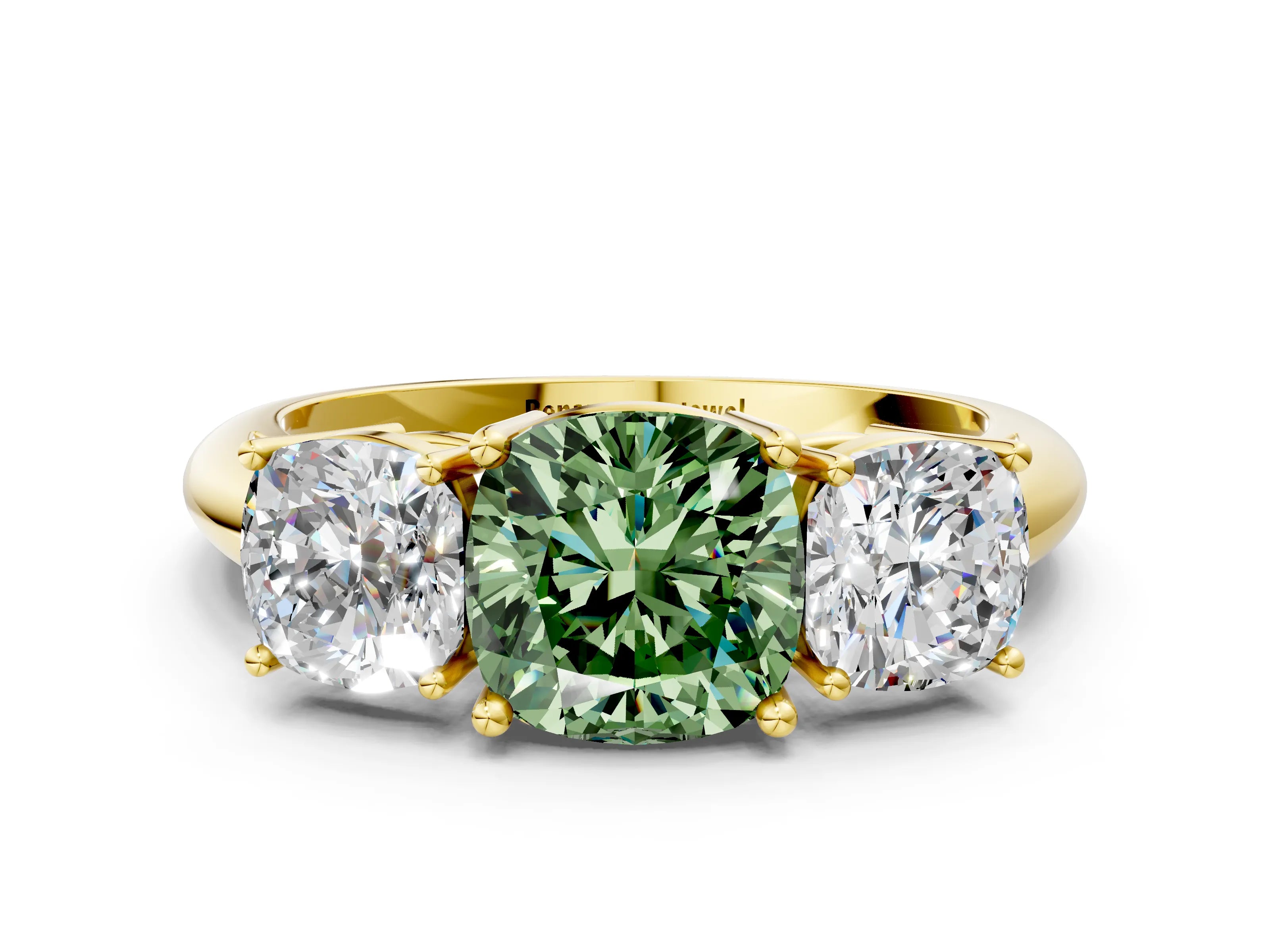 Yellow gold Three-Stone Fancy Green Cushion Cut Cut Diamond Engagement Ring with Prong Setting on a White Gold Band_24