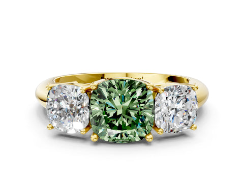 Yellow gold Three-Stone Fancy Green Cushion Cut Cut Diamond Engagement Ring with Prong Setting on a White Gold Band_24