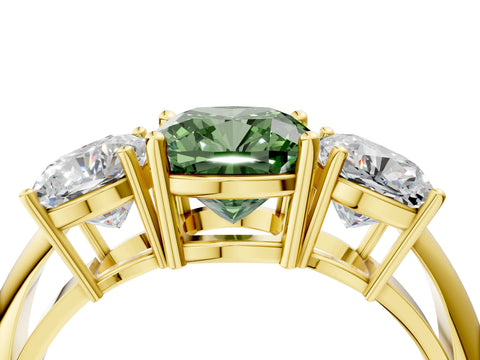 Yellow gold Three-Stone Fancy Green Cushion Cut Cut Diamond Engagement Ring with Prong Setting on a White Gold Band_4