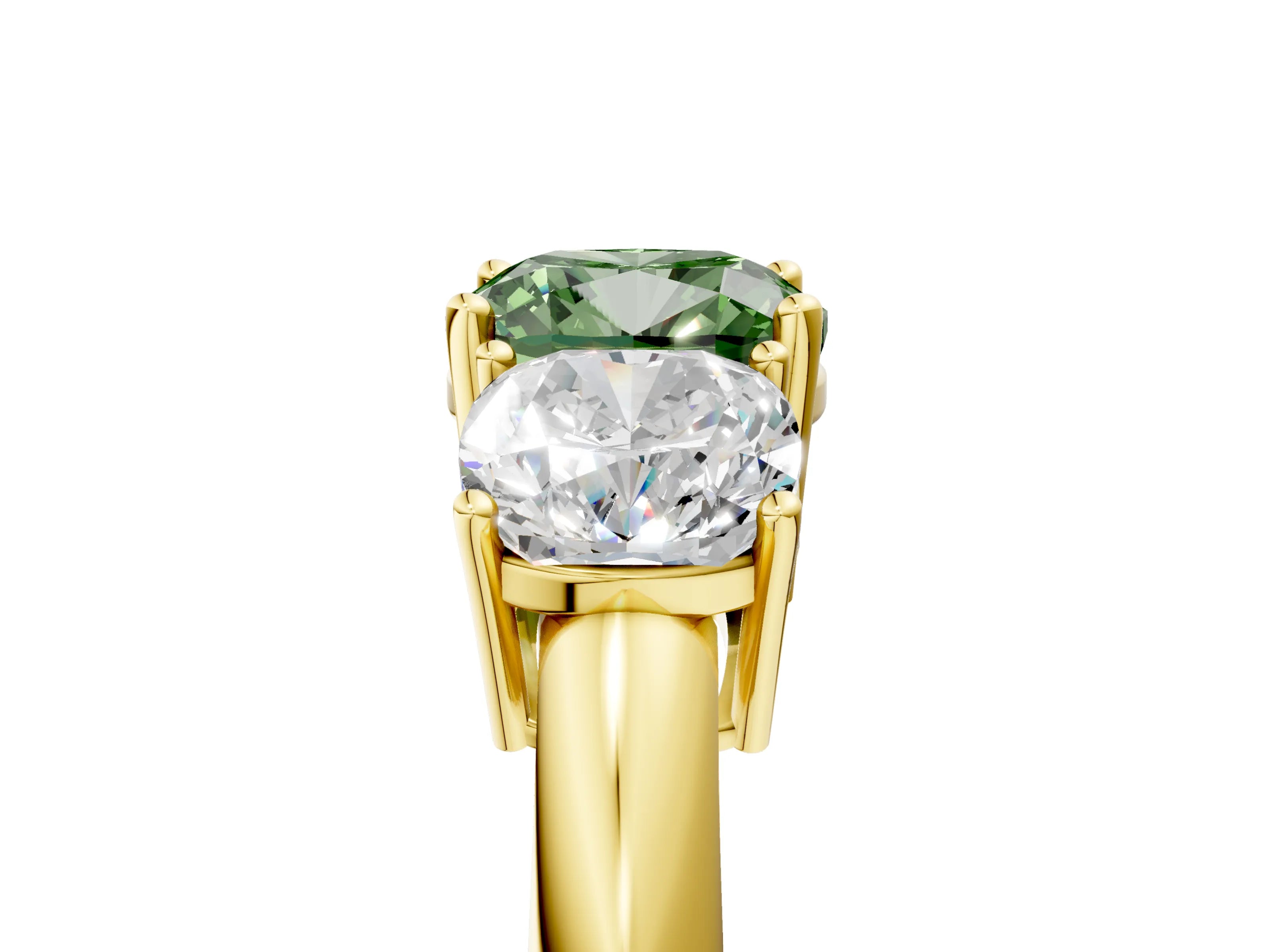 Yellow gold Three-Stone Fancy Green Cushion Cut Cut Diamond Engagement Ring with Prong Setting on a White Gold Band_5