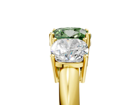 Yellow gold Three-Stone Fancy Green Cushion Cut Cut Diamond Engagement Ring with Prong Setting on a White Gold Band_5