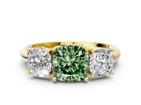 Yellow gold Three-Stone Fancy Green Cushion Cut Cut Diamond Engagement Ring with Prong Setting on a White Gold Band