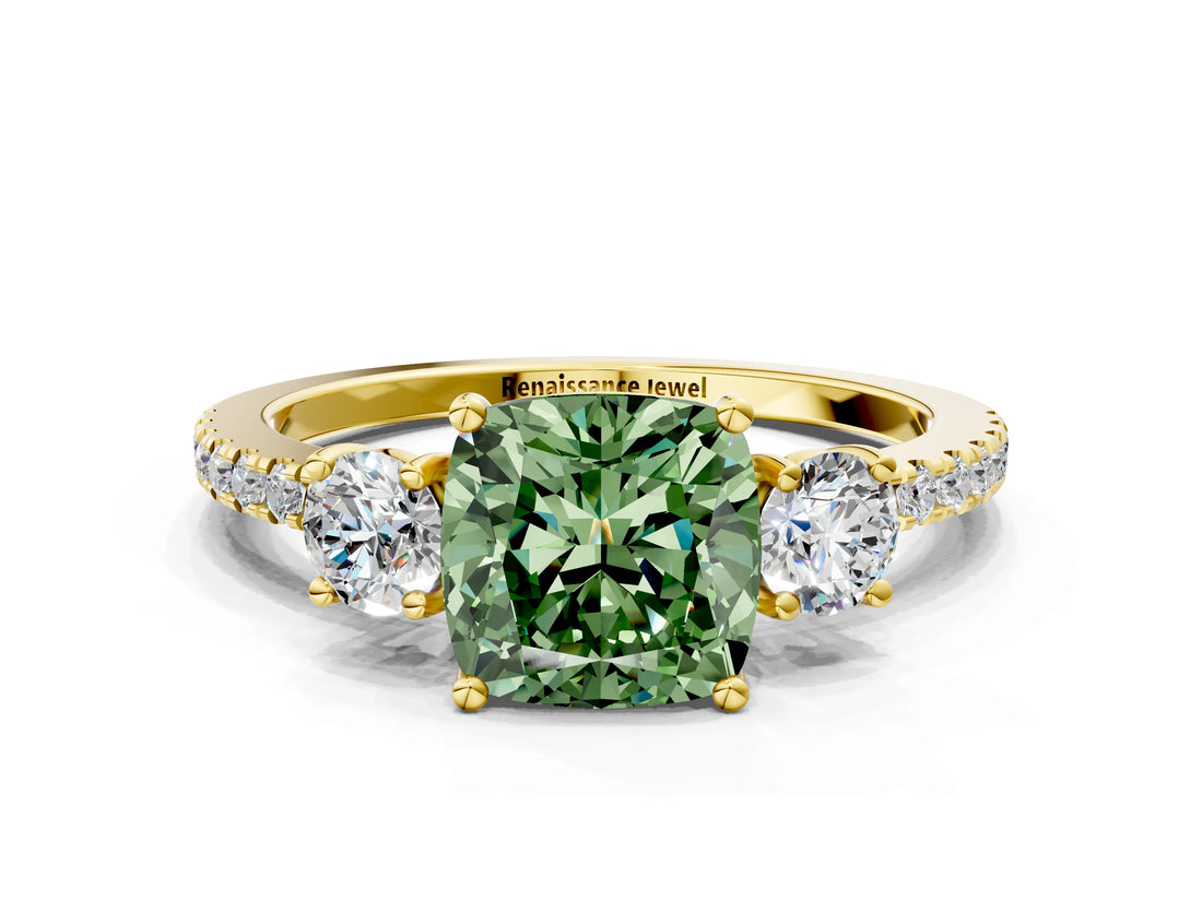 Yellow gold Three-Stone Fancy Green Cushion Cut Cut Diamond Pavé Band with Prong Setting_27