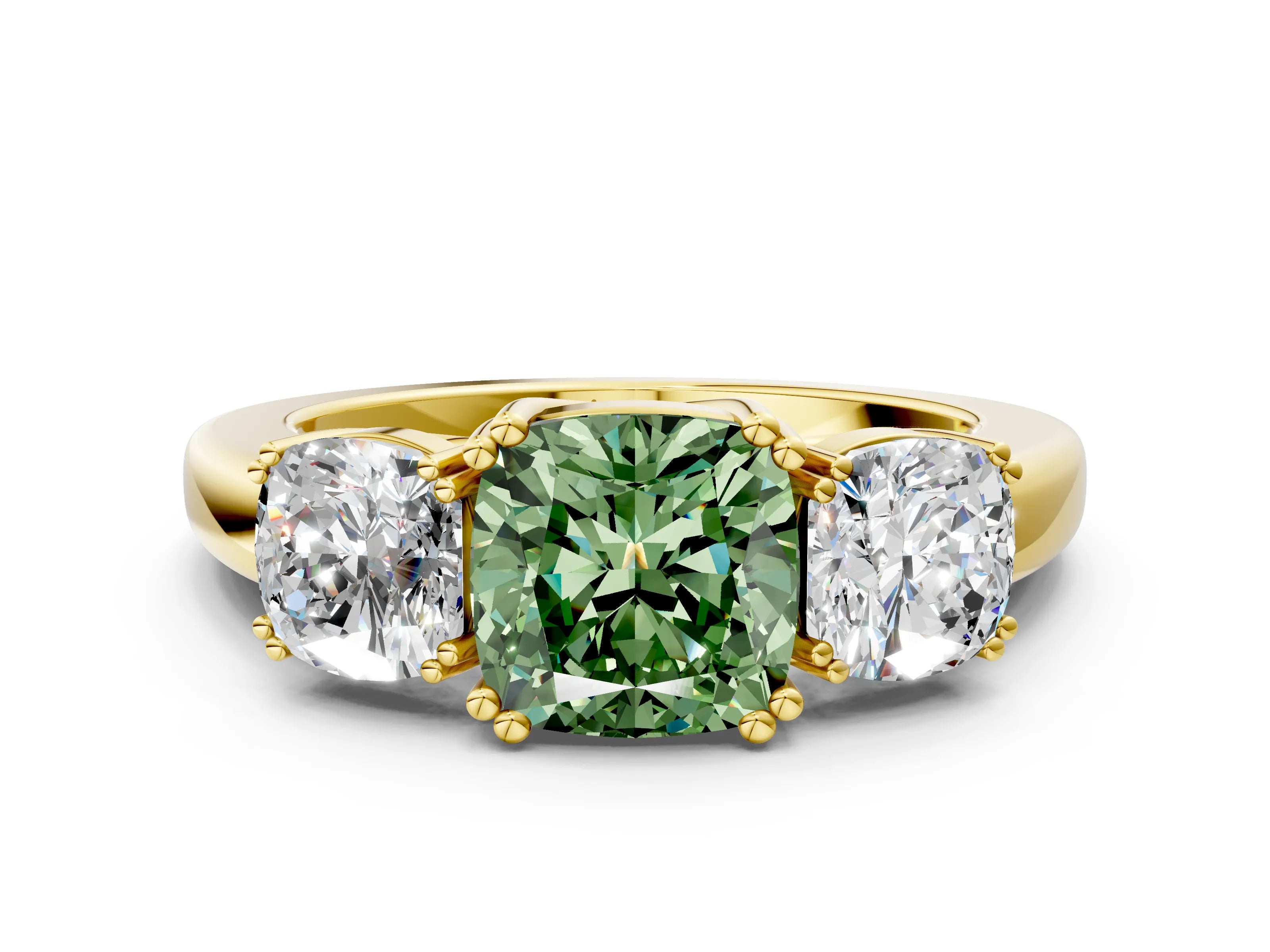Yellow gold Three-Stone Fancy Green Cushion Cut Cut Diamond Ring with Channel Set Band and Four-Prong Setting