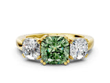 Yellow gold Three-Stone Fancy Green Cushion Cut Cut Diamond Ring with Channel Set Band and Four-Prong Setting