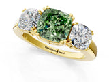 Yellow gold Three-Stone Fancy Green Cushion Cut Cut Diamond Ring with Channel Set Band and Four-Prong Setting_1