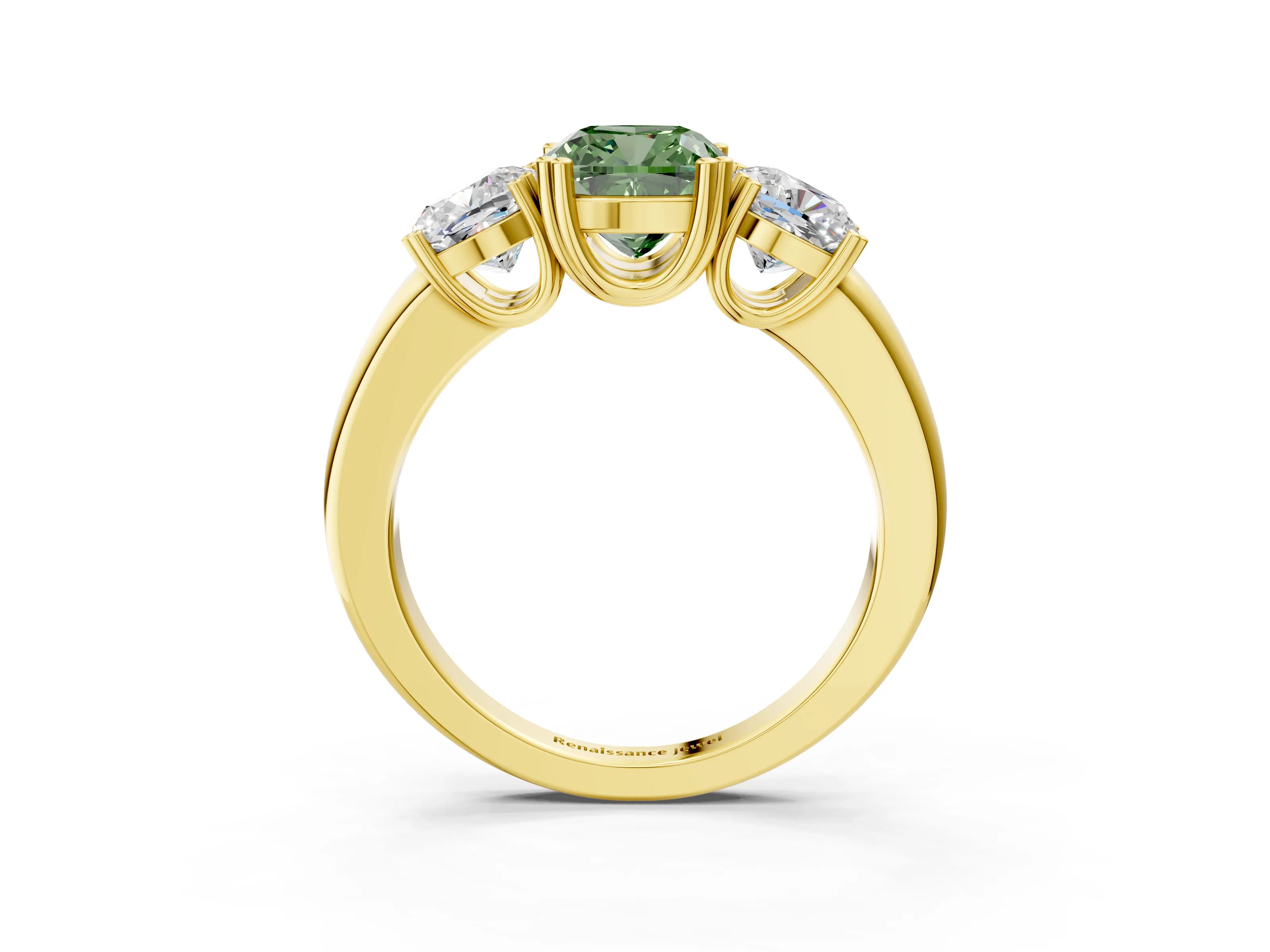 Yellow gold Three-Stone Fancy Green Cushion Cut Cut Diamond Ring with Channel Set Band and Four-Prong Setting_3