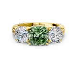 Yellow gold Three-Stone Fancy Green Cushion Cut Cut Diamond Ring with Channel-Set Band and Prong Setting