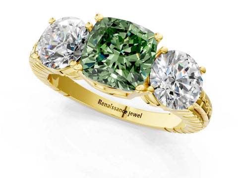 Yellow gold Three-Stone Fancy Green Cushion Cut Cut Diamond Ring with Channel-Set Band and Prong Setting_1