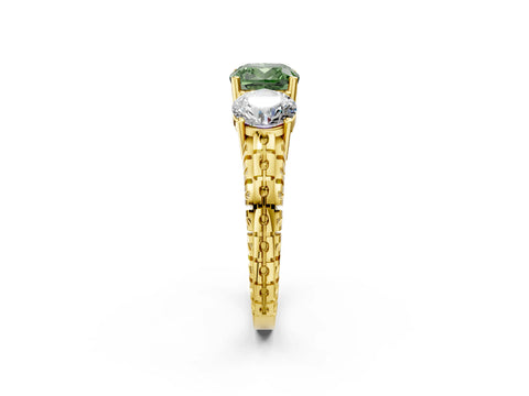 Yellow gold Three-Stone Fancy Green Cushion Cut Cut Diamond Ring with Channel-Set Band and Prong Setting_2