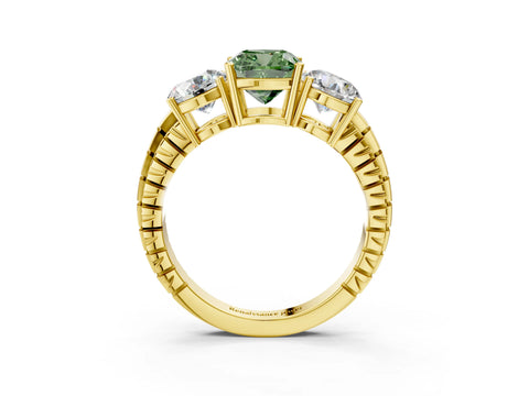 Yellow gold Three-Stone Fancy Green Cushion Cut Cut Diamond Ring with Channel-Set Band and Prong Setting_3