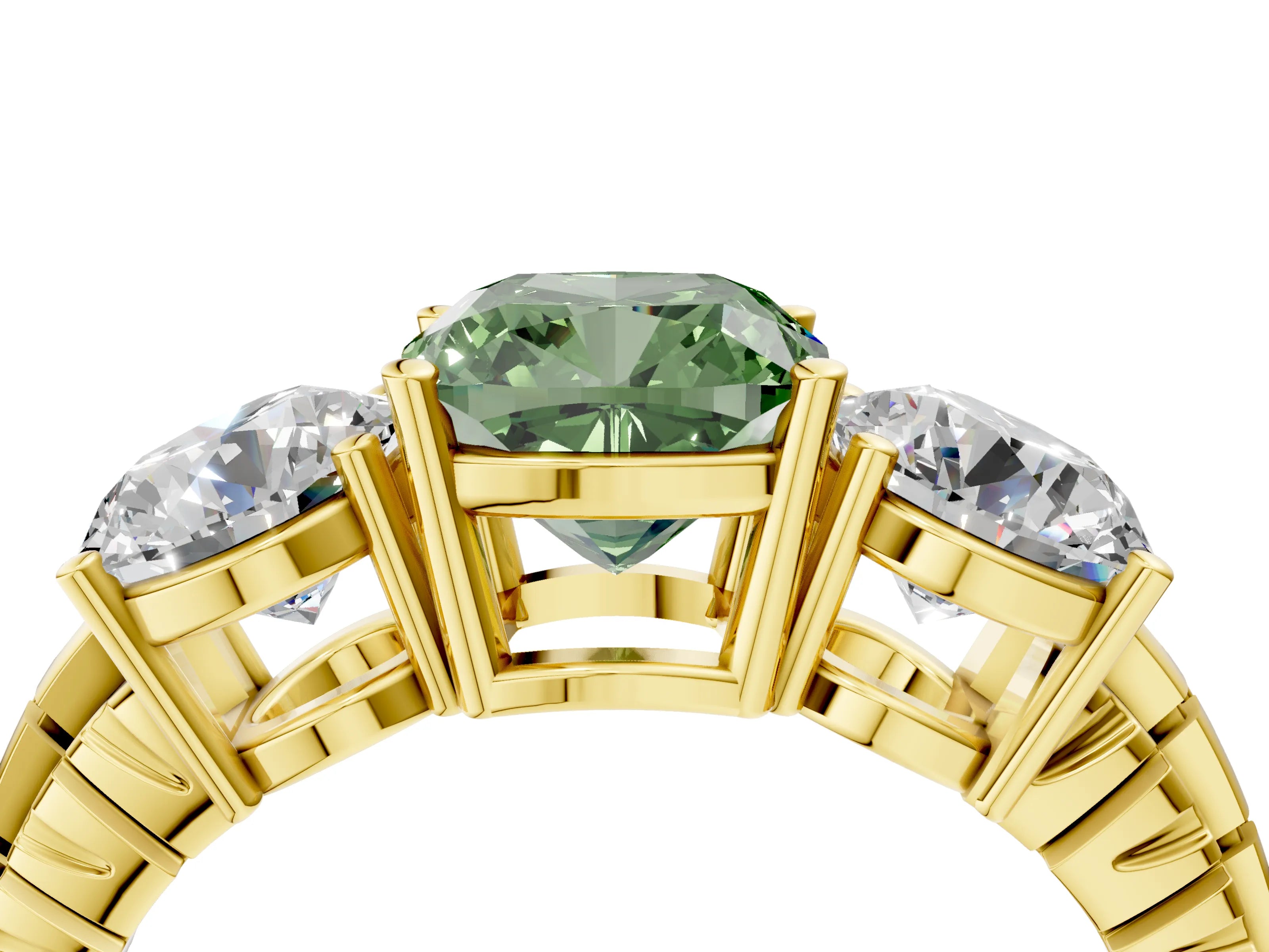 Yellow gold Three-Stone Fancy Green Cushion Cut Cut Diamond Ring with Channel-Set Band and Prong Setting_4