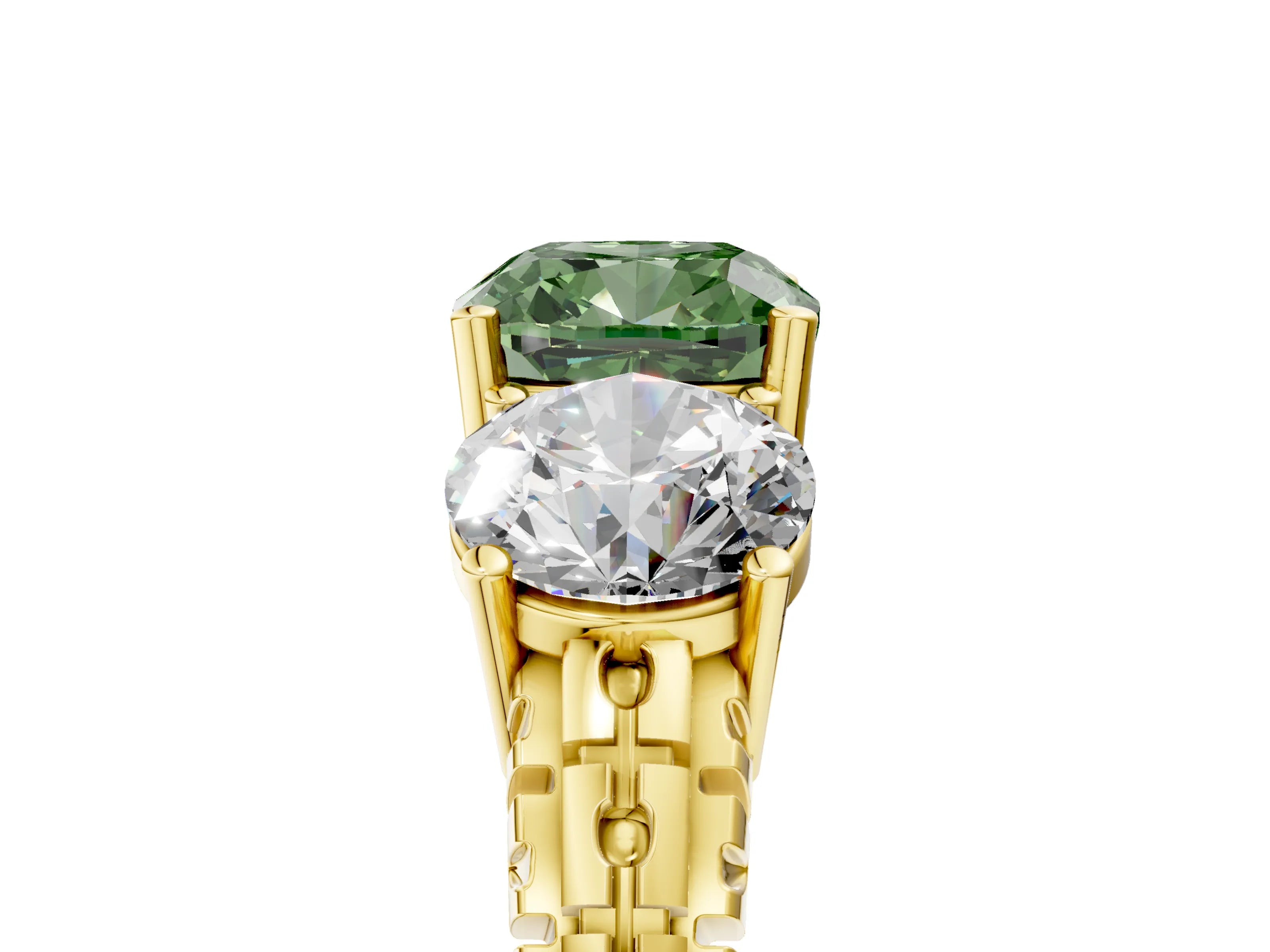 Yellow gold Three-Stone Fancy Green Cushion Cut Cut Diamond Ring with Channel-Set Band and Prong Setting_5