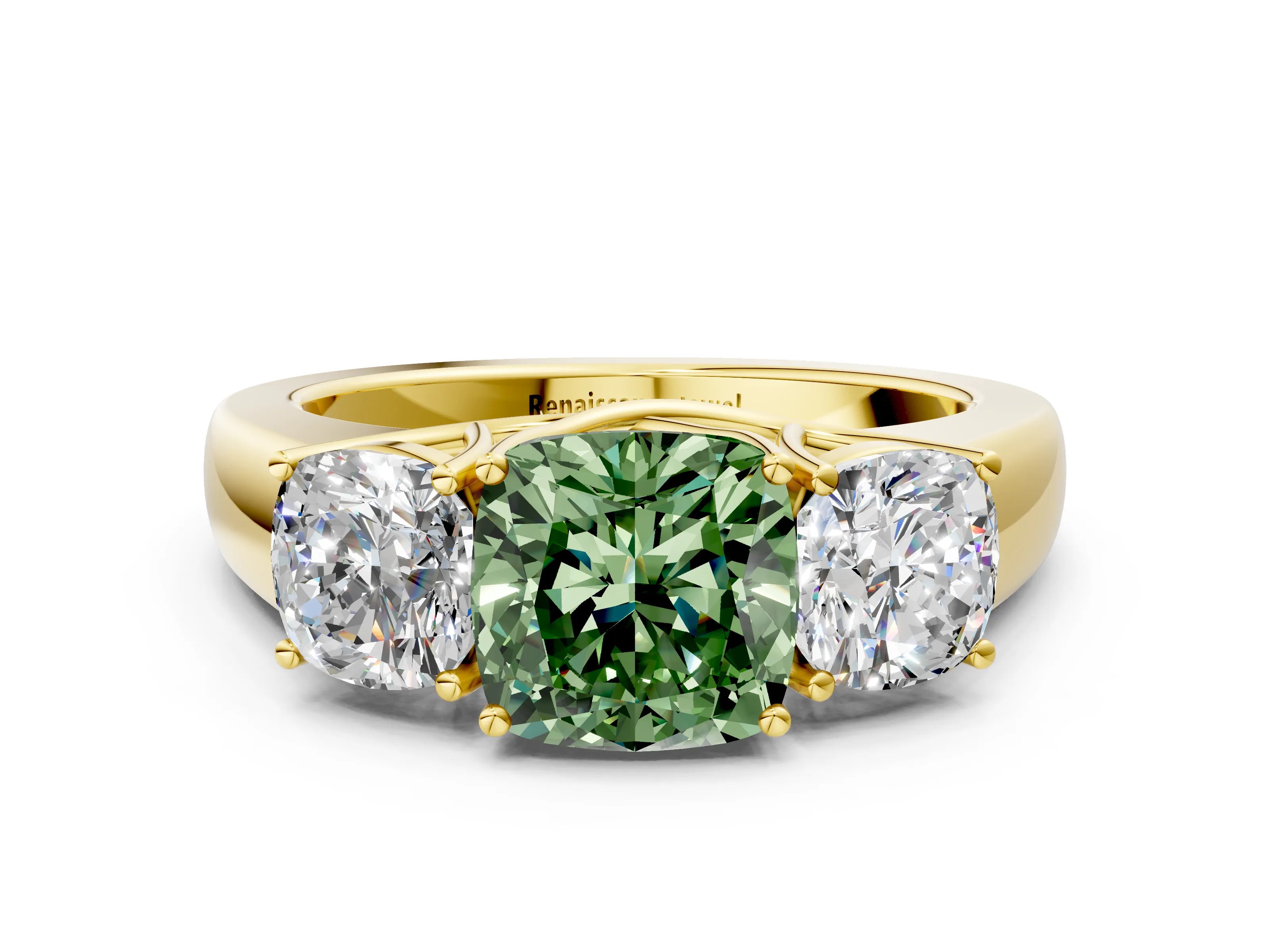 Yellow gold Three-Stone Fancy Green Cushion Cut Cut Diamond Ring with Prong Setting and Classic Band