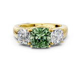 Yellow gold Three-Stone Fancy Green Cushion Cut Cut Diamond Ring with Prong Setting and Classic Band