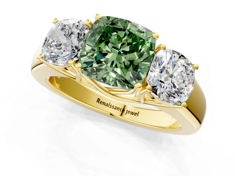 Yellow gold Three-Stone Fancy Green Cushion Cut Cut Diamond Ring with Prong Setting and Classic Band_1