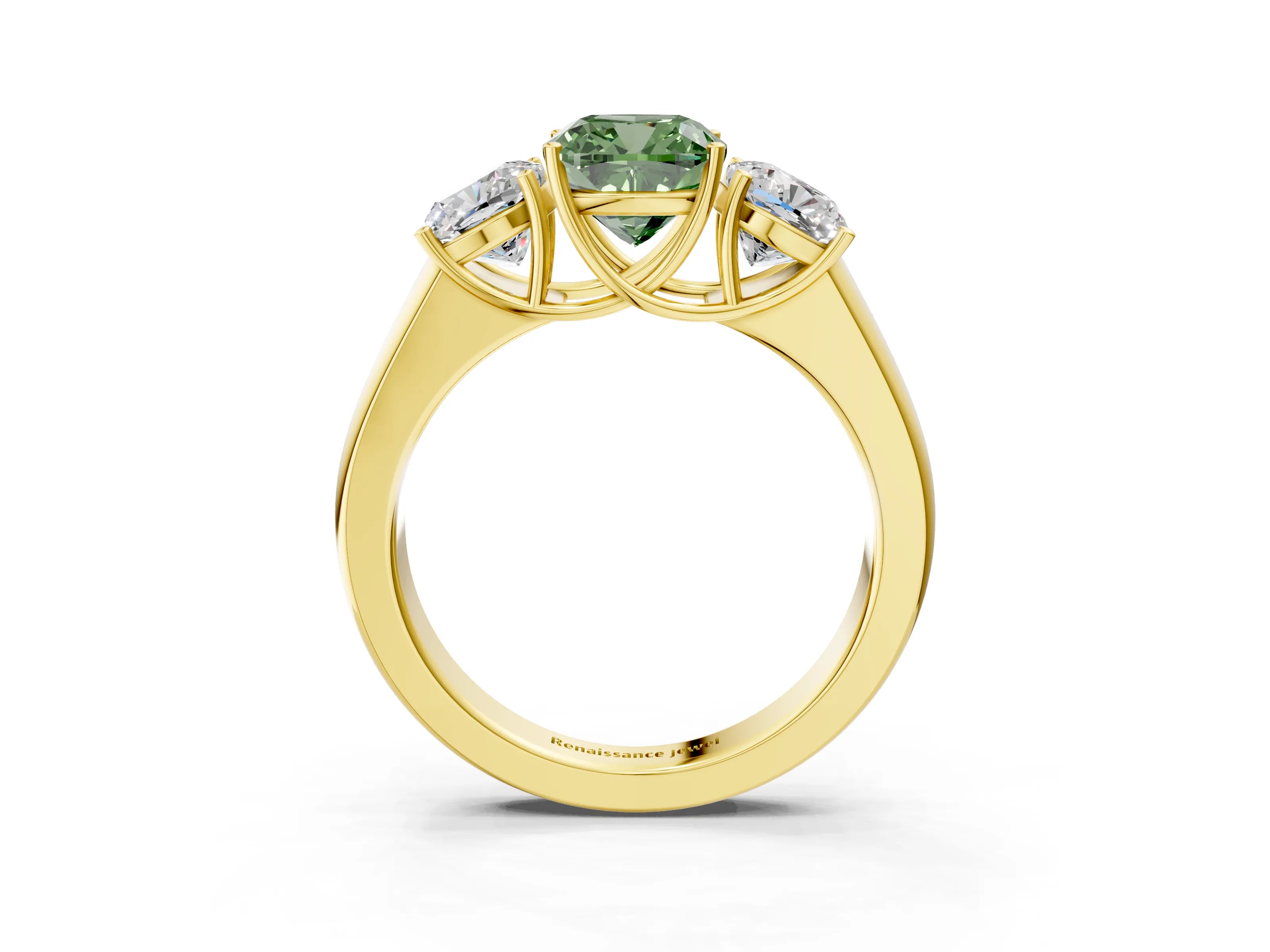 Yellow gold Three-Stone Fancy Green Cushion Cut Cut Diamond Ring with Prong Setting and Classic Band_3