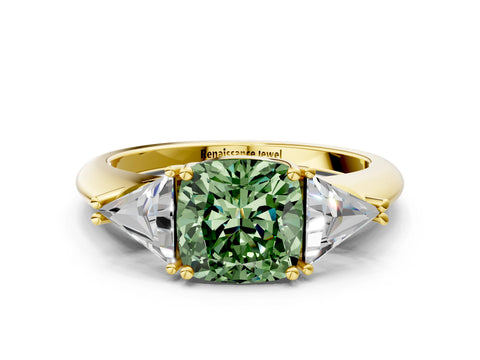 Yellow gold Three-Stone Fancy Green Cushion Cut Cut Diamond Ring with Trillion Side Stones and Four-Prong Setting_3