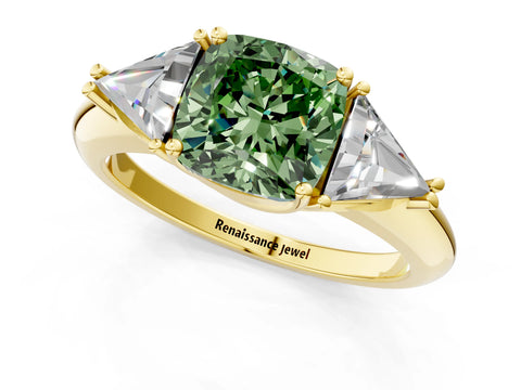 Yellow gold Three-Stone Fancy Green Cushion Cut Cut Diamond Ring with Trillion Side Stones and Four-Prong Setting_4