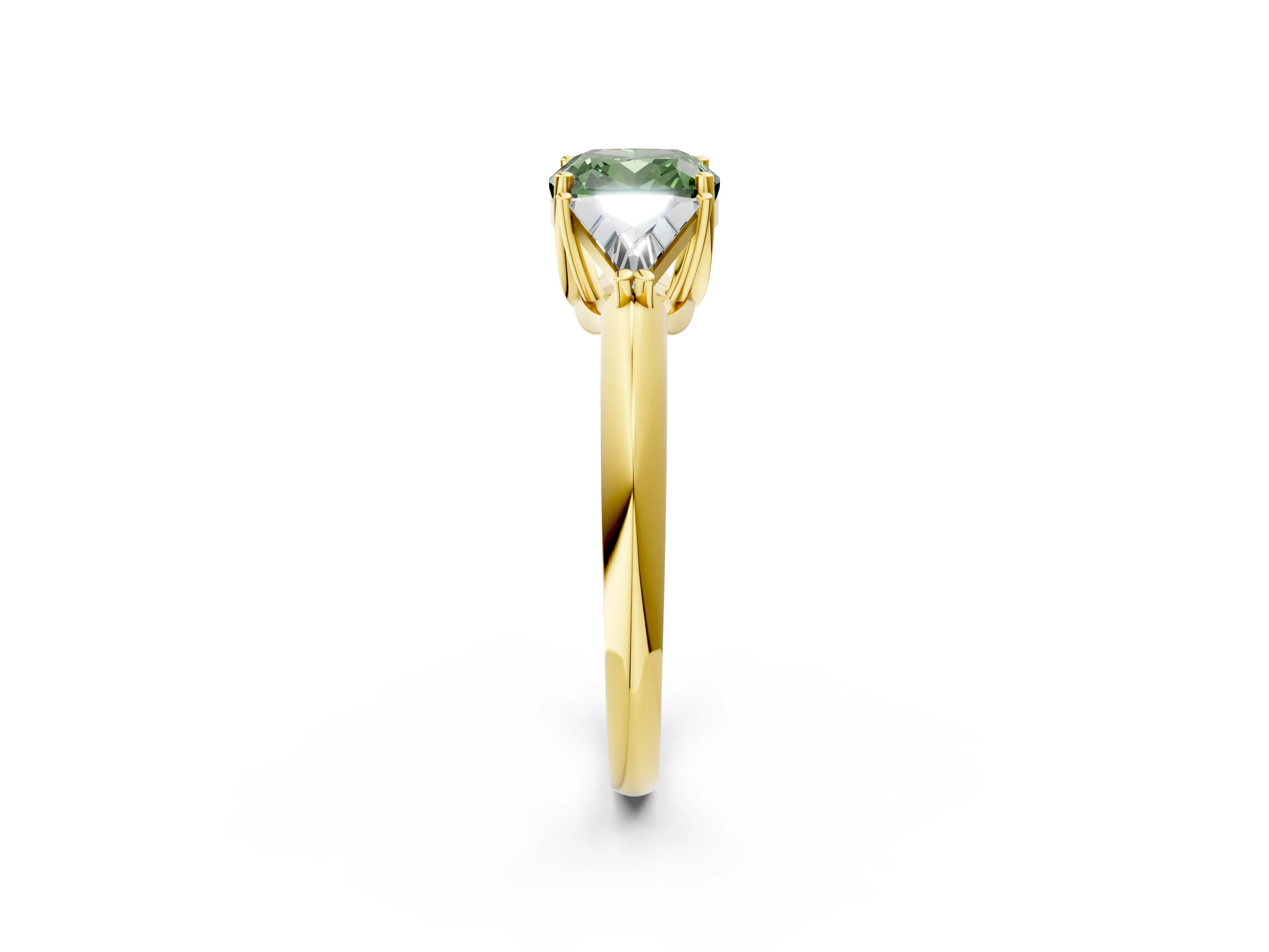 Yellow gold Three-Stone Fancy Green Cushion Cut Cut Diamond Ring with Trillion Side Stones and Four-Prong Setting_5