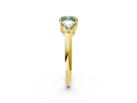 Yellow gold Three-Stone Fancy Green Cushion Cut Cut Diamond Ring with Trillion Side Stones and Four-Prong Setting_5
