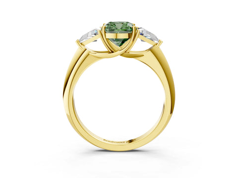 Yellow gold Three-Stone Fancy Green Cushion Cut Cut Diamond Ring with Trillion Side Stones and Four-Prong Setting_6
