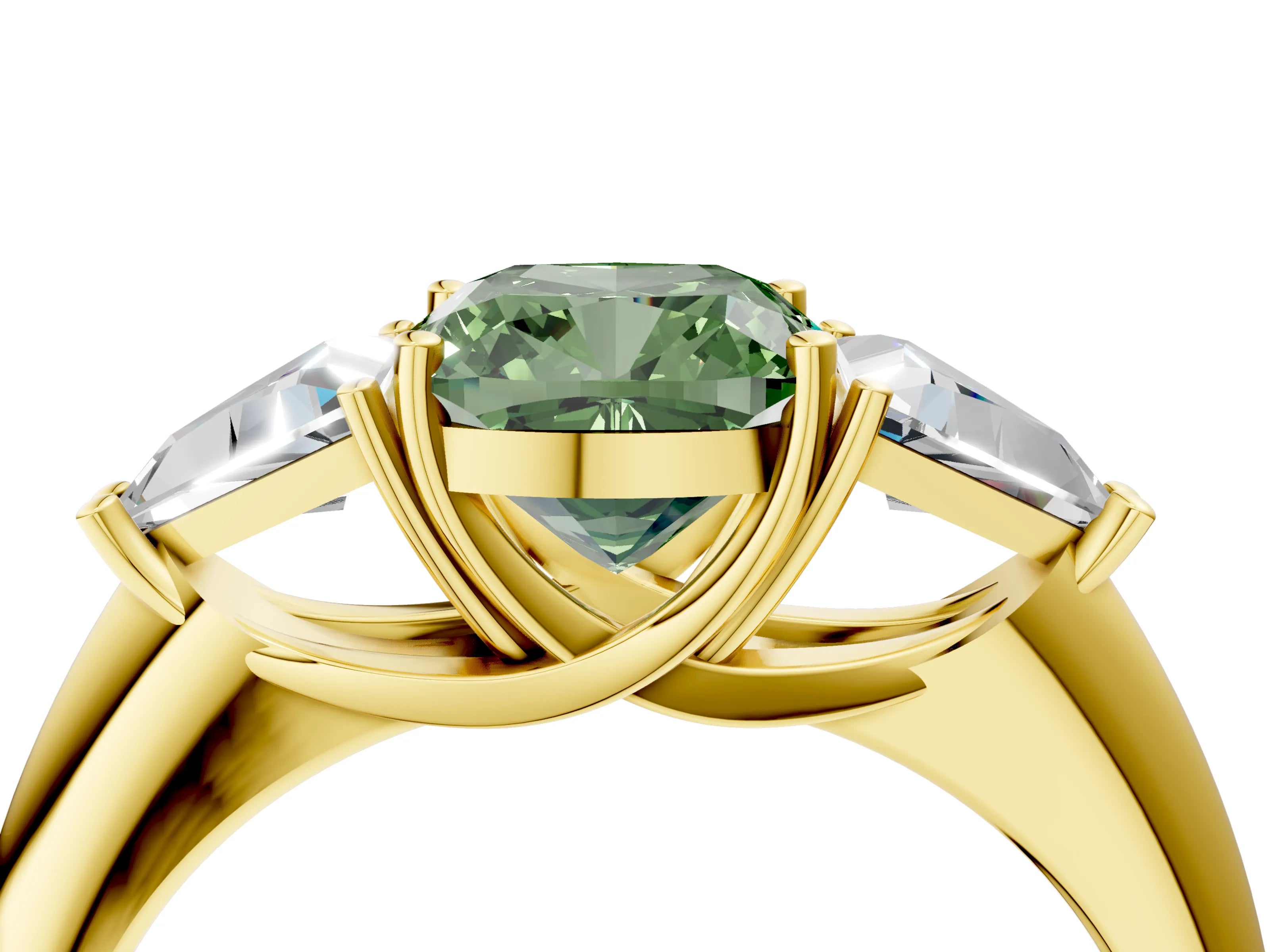 Yellow gold Three-Stone Fancy Green Cushion Cut Cut Diamond Ring with Trillion Side Stones and Four-Prong Setting_7