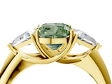 Yellow gold Three-Stone Fancy Green Cushion Cut Cut Diamond Ring with Trillion Side Stones and Four-Prong Setting_7