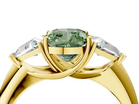 Yellow gold Three-Stone Fancy Green Cushion Cut Cut Diamond Ring with Trillion Side Stones and Four-Prong Setting_7