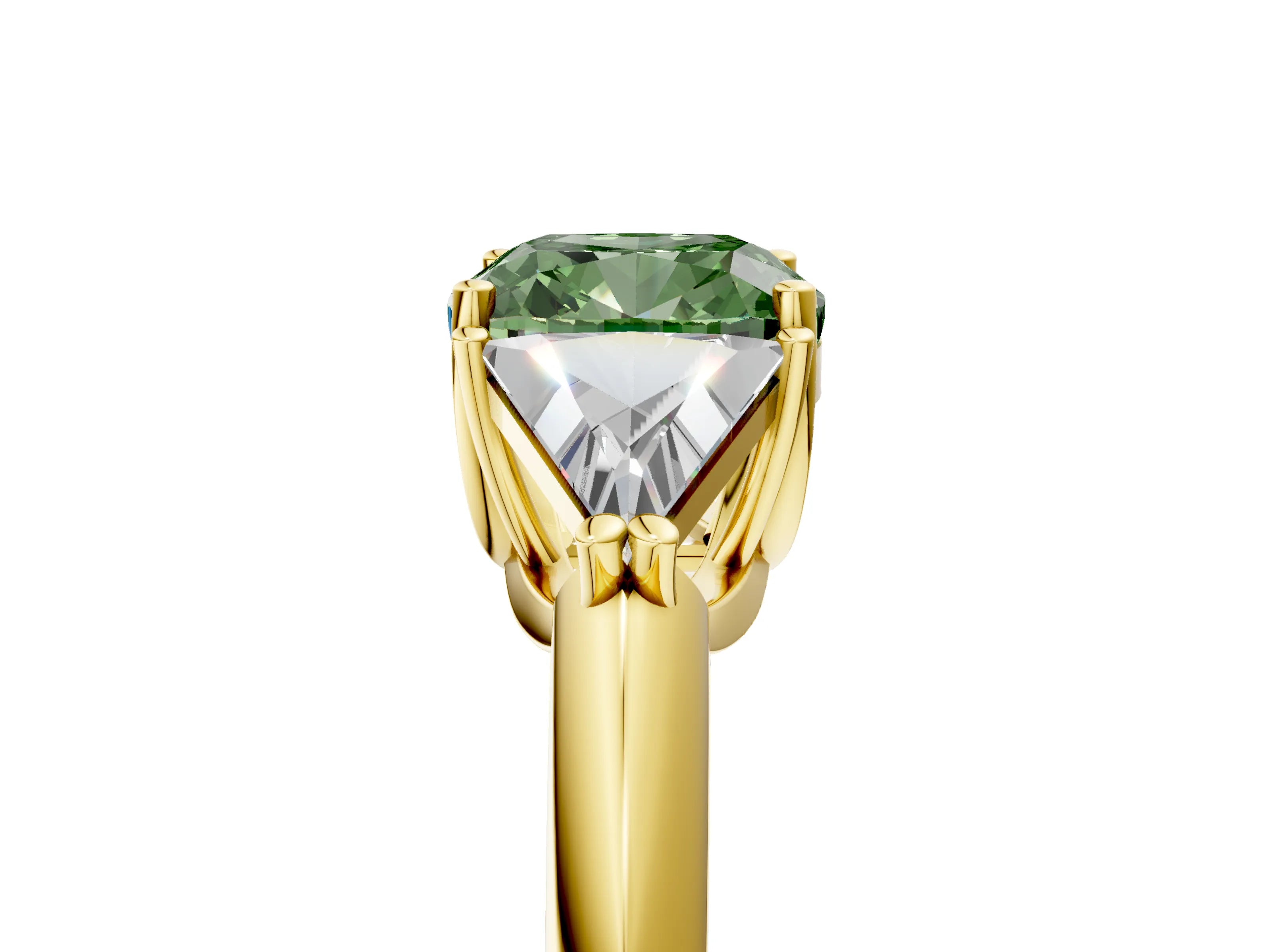 Yellow gold Three-Stone Fancy Green Cushion Cut Cut Diamond Ring with Trillion Side Stones and Four-Prong Setting_8