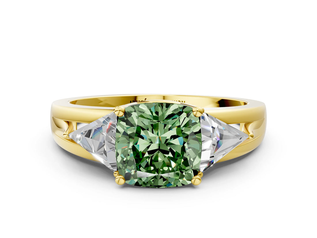 Yellow gold Three-Stone Fancy Green Cushion Cut Cut Diamond Ring with Trillion Side Stones on a Split Shank Band