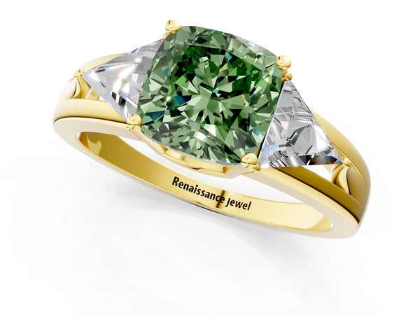 Yellow Gold Cushion Cut Split Shank Three Stone Engagement Ring Setting for Fancy Green Center