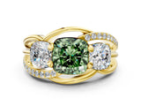 Yellow gold Three-Stone Fancy Green Cushion Cut Cut Diamond Split Shank Prong Set Ring