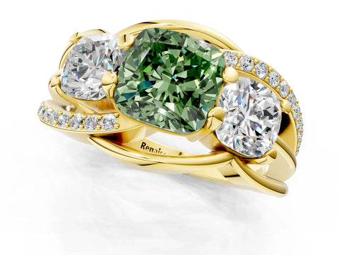 Yellow gold Three-Stone Fancy Green Cushion Cut Cut Diamond Split Shank Prong Set Ring_1