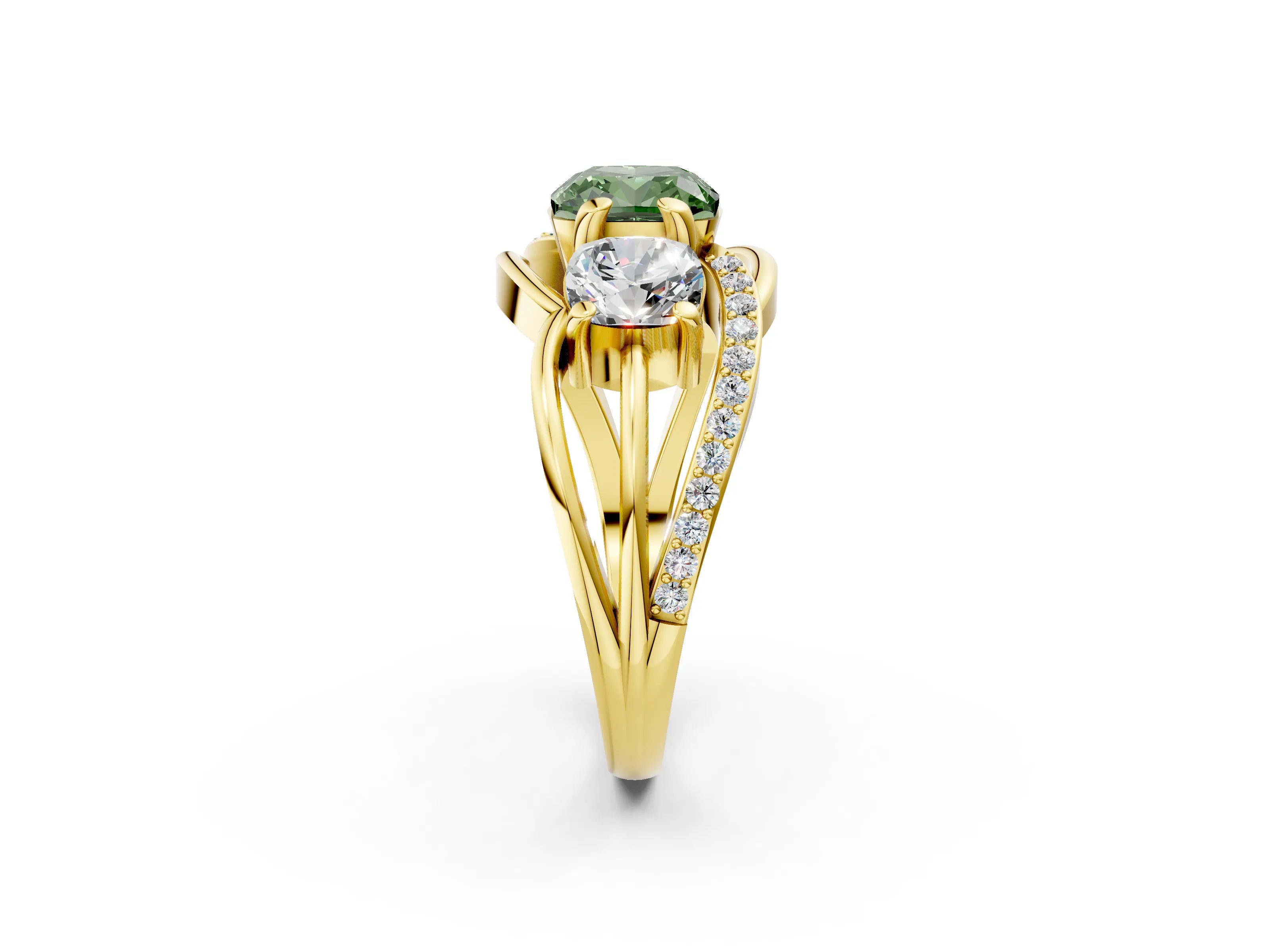 Yellow gold Three-Stone Fancy Green Cushion Cut Cut Diamond Split Shank Prong Set Ring_2