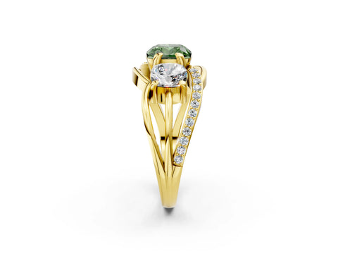 Yellow gold Three-Stone Fancy Green Cushion Cut Cut Diamond Split Shank Prong Set Ring_2