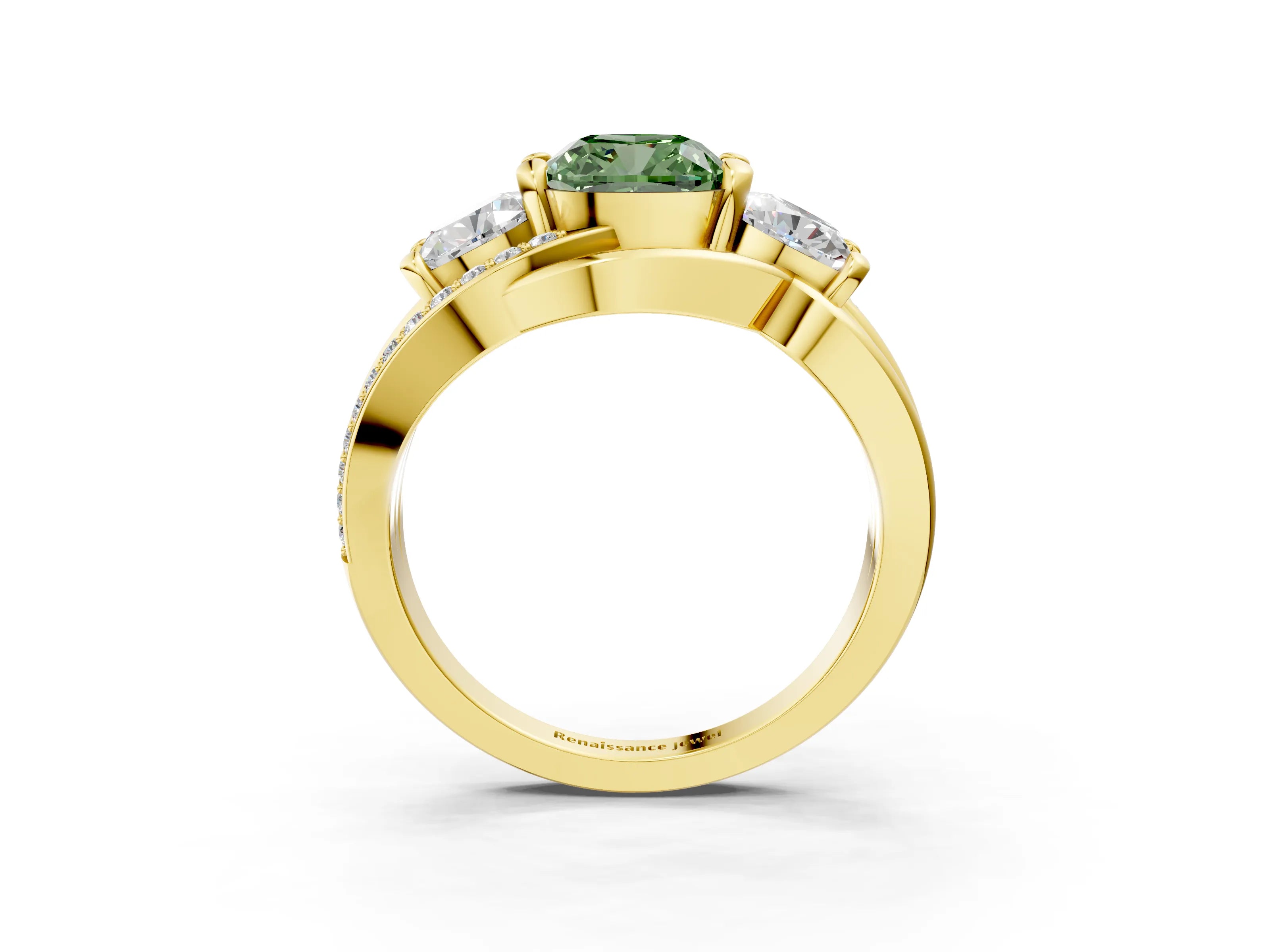 Yellow gold Three-Stone Fancy Green Cushion Cut Cut Diamond Split Shank Prong Set Ring_3