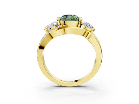 Yellow gold Three-Stone Fancy Green Cushion Cut Cut Diamond Split Shank Prong Set Ring_3