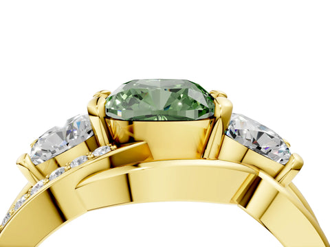 Yellow gold Three-Stone Fancy Green Cushion Cut Cut Diamond Split Shank Prong Set Ring_4