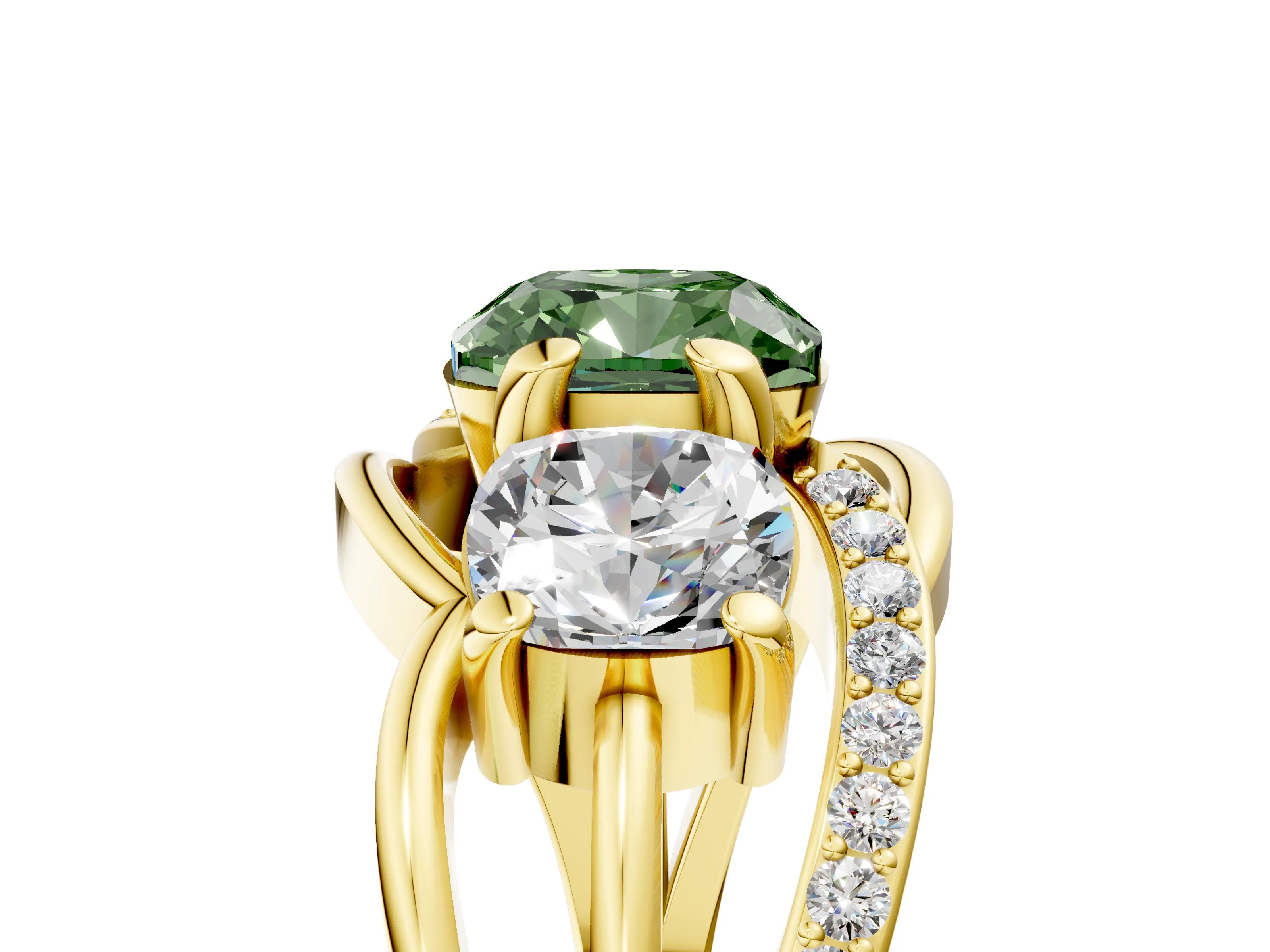 Yellow gold Three-Stone Fancy Green Cushion Cut Cut Diamond Split Shank Prong Set Ring_5