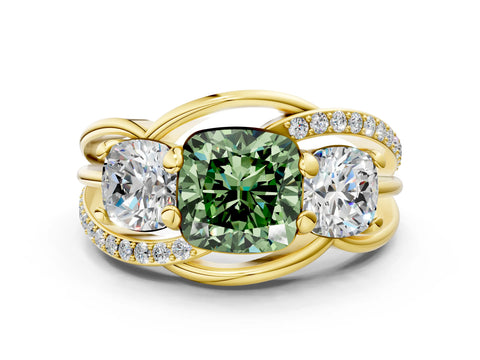 Yellow gold Three-Stone Fancy Green Cushion Cut Cut Diamond Split Shank Prong Set Ring