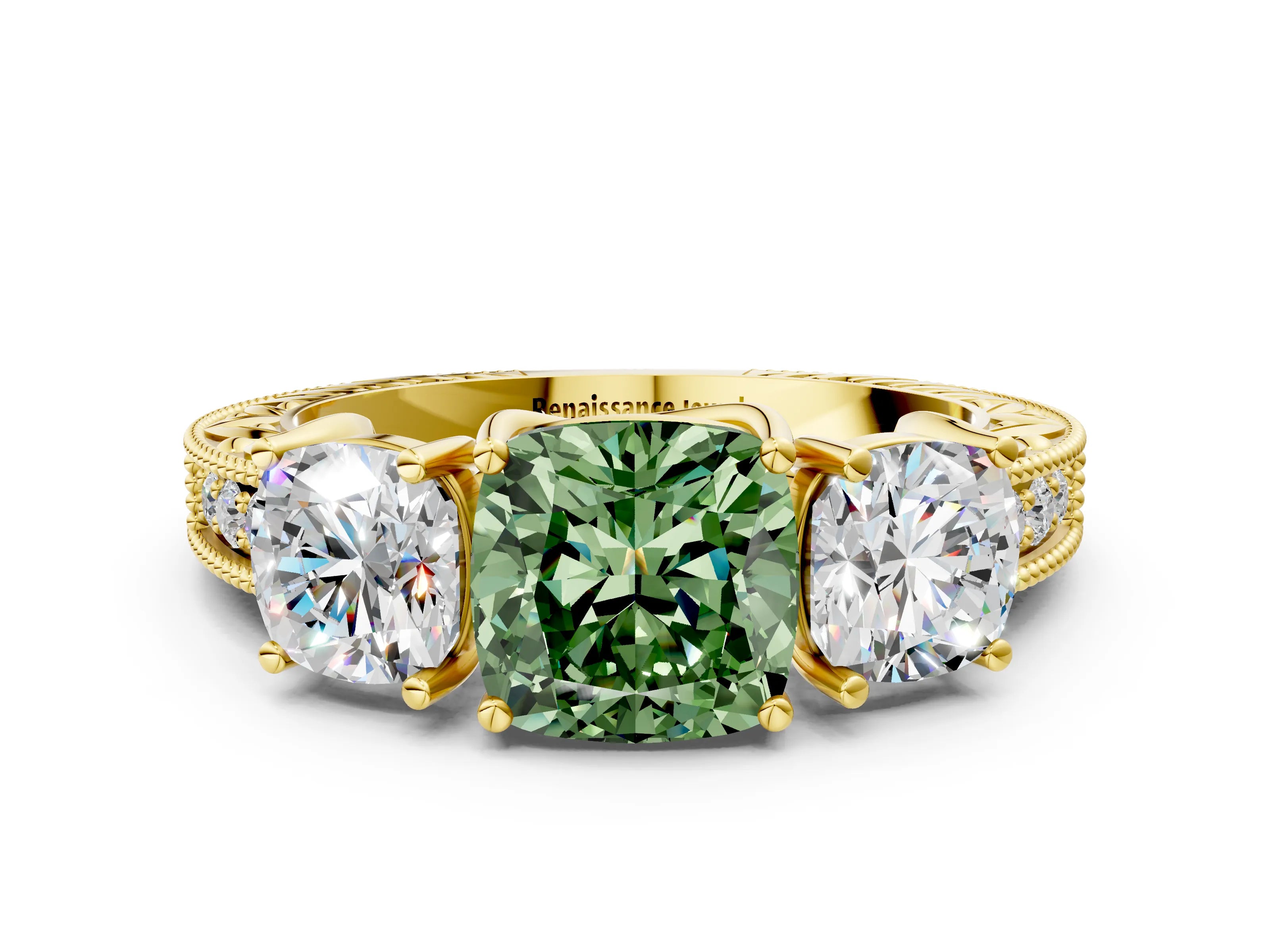 Yellow gold Three-Stone Fancy Green Cushion Cut Cut Milgrain Pavé Engagement Ring