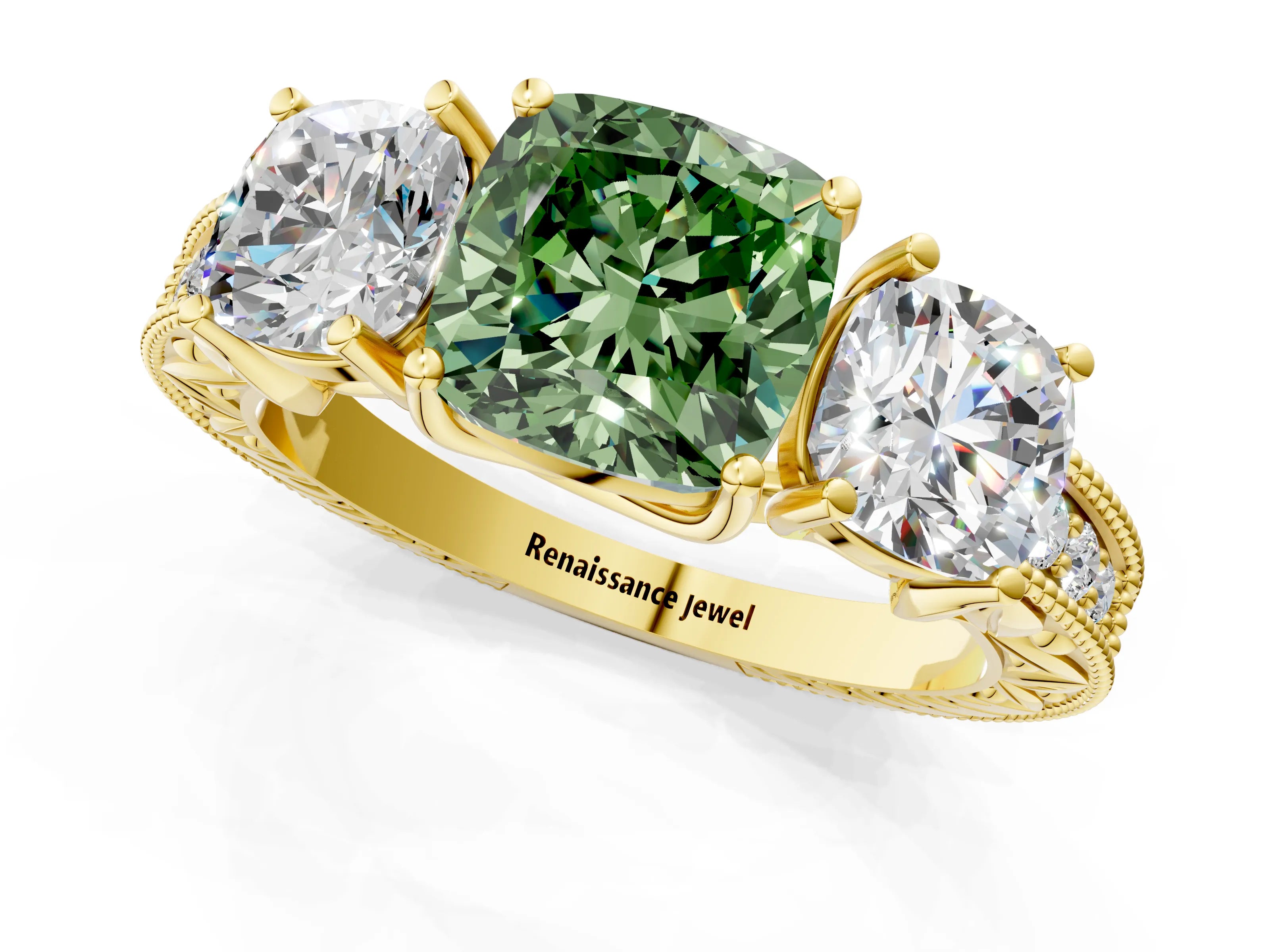 Yellow gold Three-Stone Fancy Green Cushion Cut Cut Milgrain Pavé Engagement Ring_1