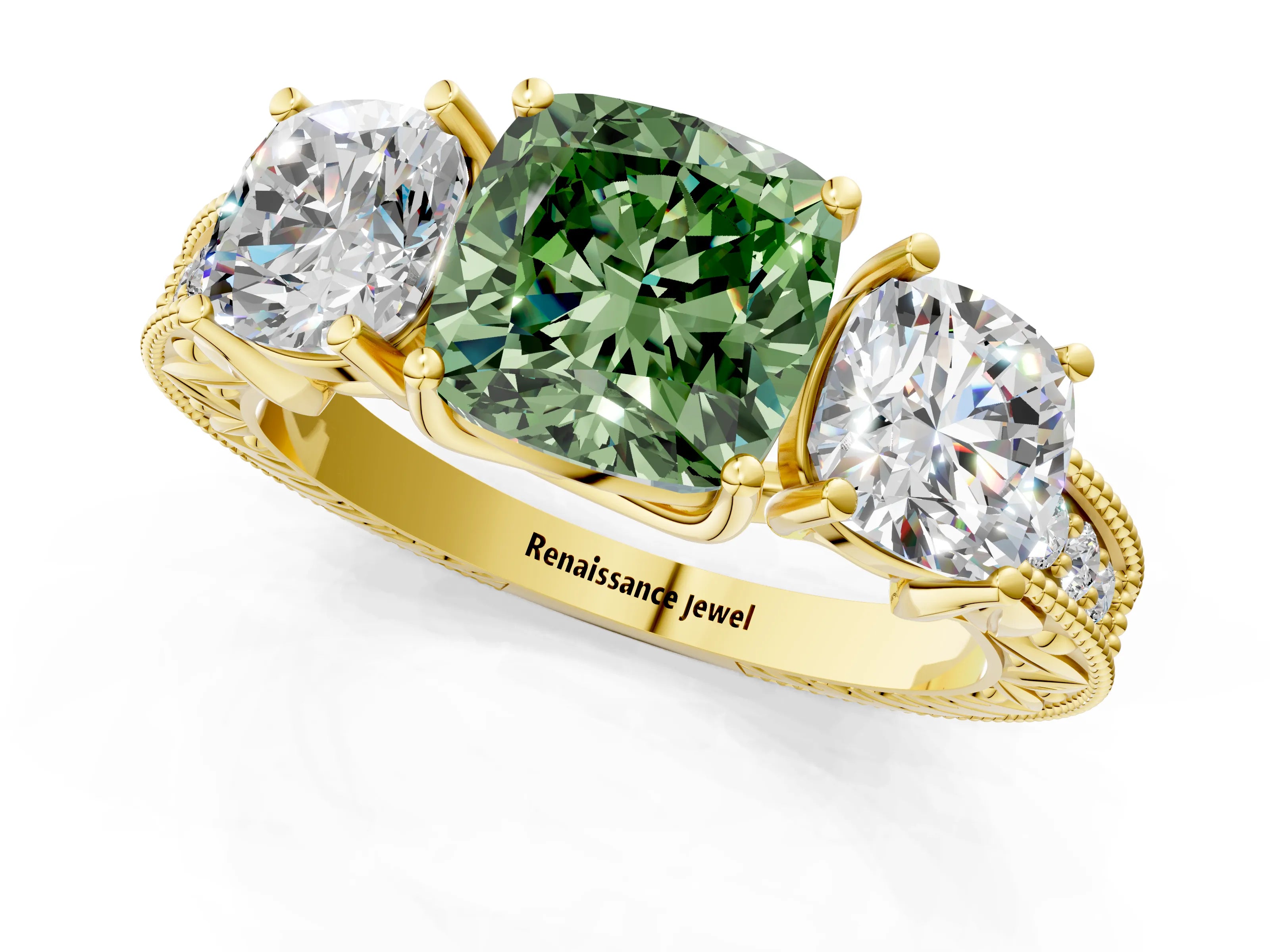 Yellow gold Three-Stone Fancy Green Cushion Cut Cut Milgrain Pavé Engagement Ring_13